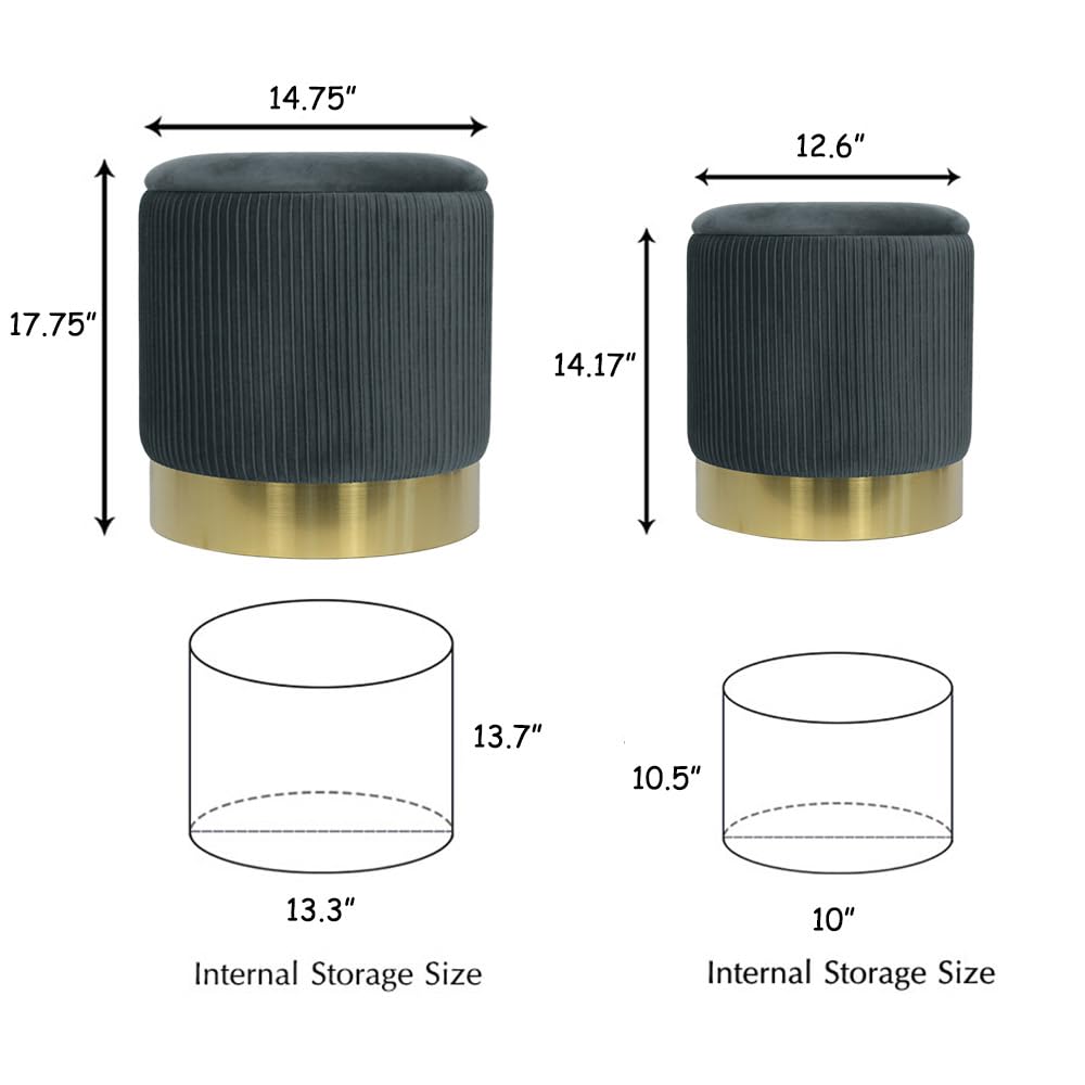 Round Storage Ottoman Set of 2, Velvet Circle Ottoman Storage for Living Room & Dorm Modern