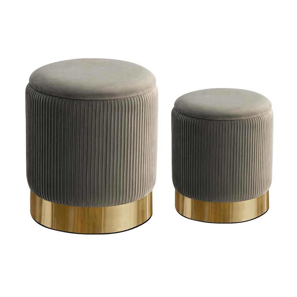 Round Storage Ottoman Set of 2, Velvet Circle Ottoman Storage for Living Room & Dorm Modern