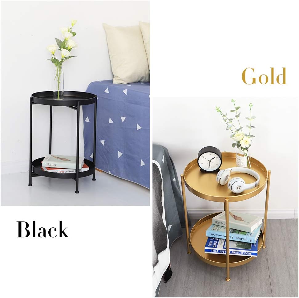 Tiita Round End Table Mental 2-Tier Side Table Nightstand