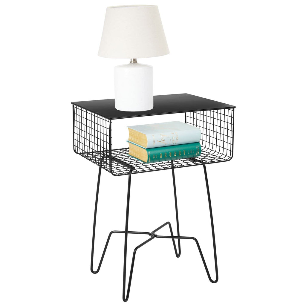 teel Side Table Nightstand with Storage Shelf Basket