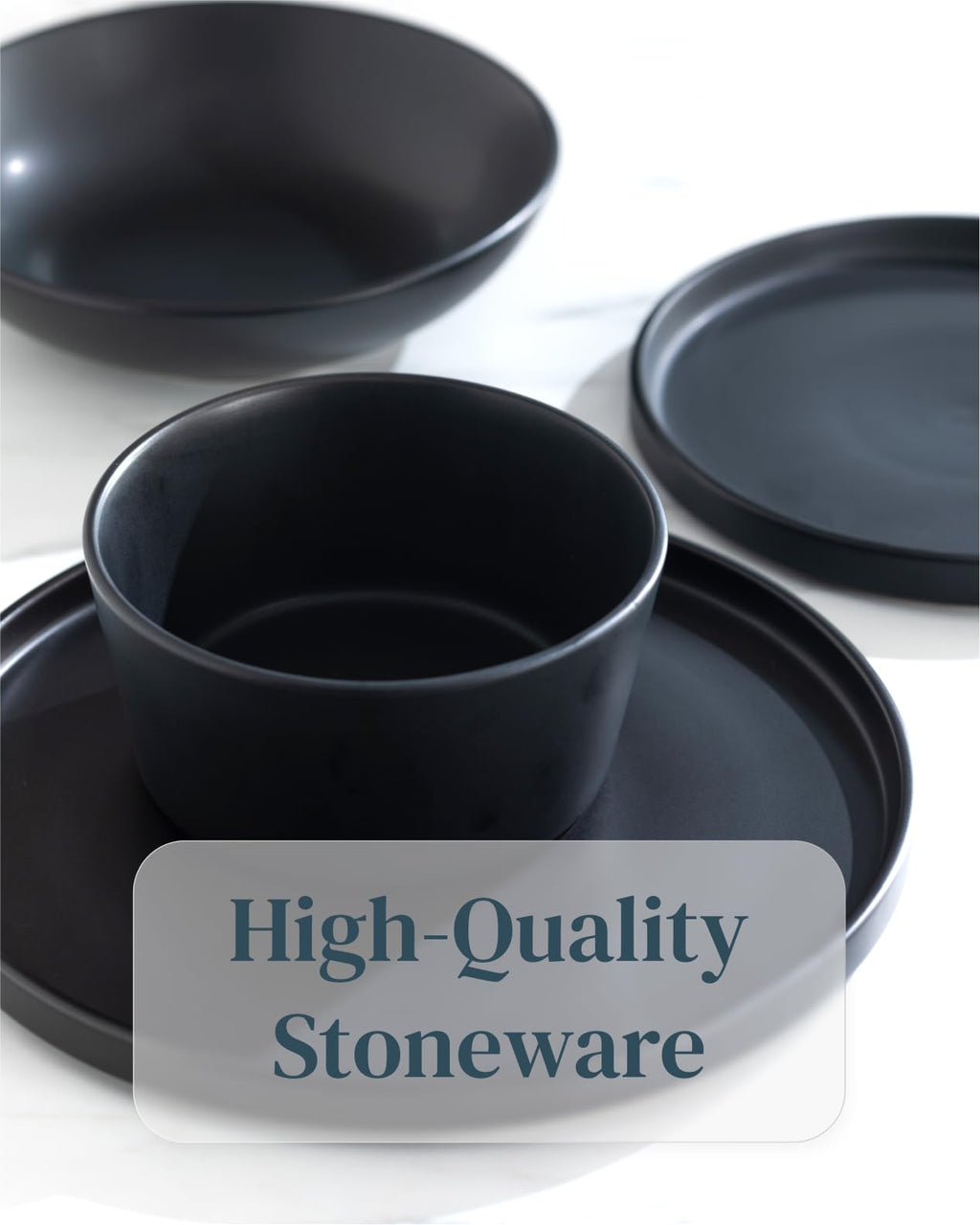 Ultra Chic Matte Black Dinnerware Set - Black Stoneware Dinnerware for 4-16 pcs. Dishwasher & Microwave Safe - Plates and Bowls
