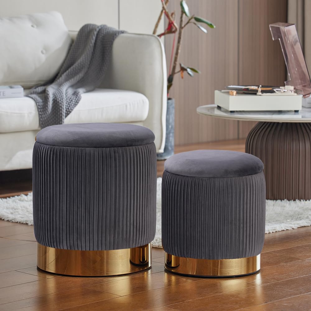 Round Storage Ottoman Set of 2, Velvet Circle Ottoman Storage for Living Room & Dorm Modern