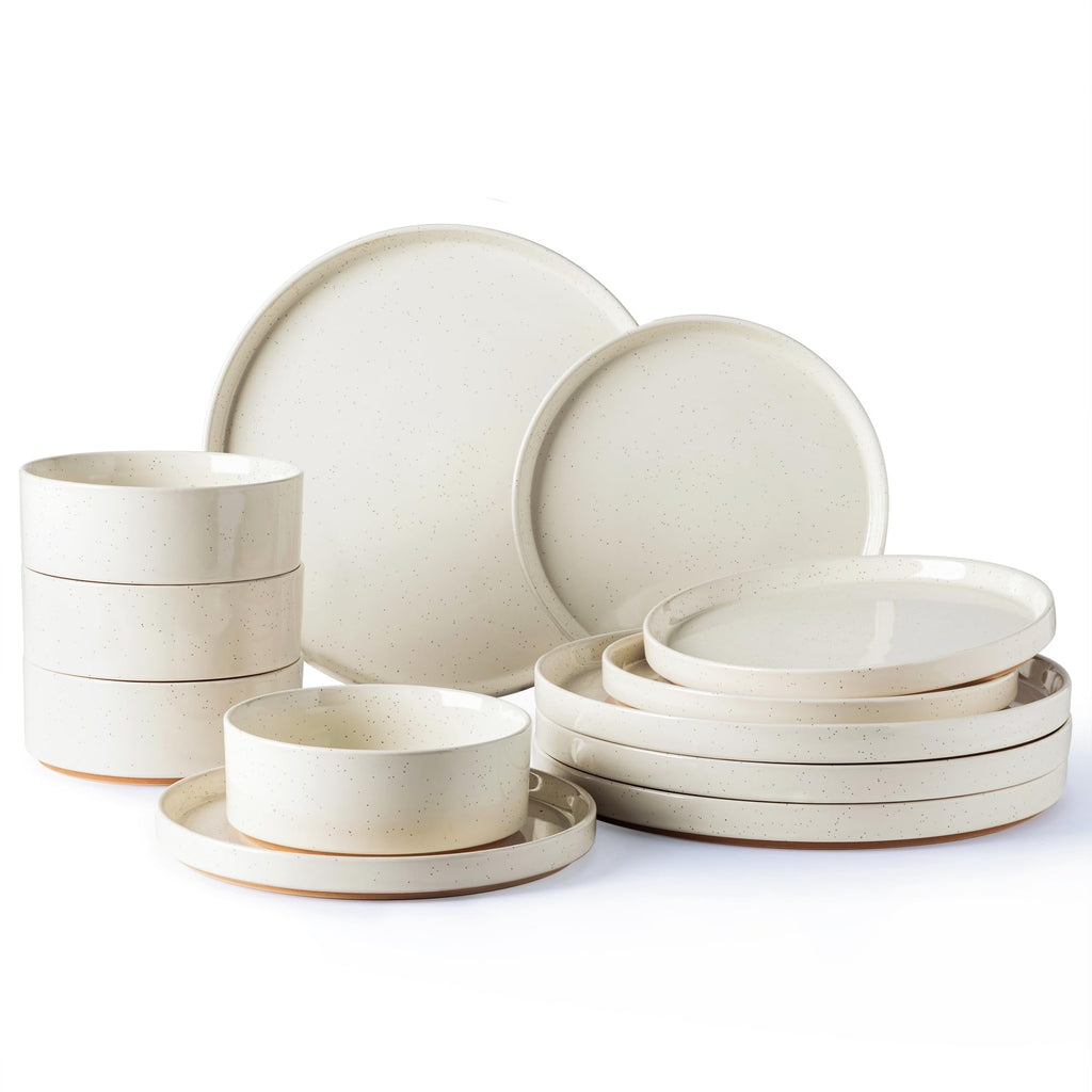 AmorArc Ceramic Dinnerware Set for 4 | Speckled Stoneware Plates and Bowls with unglazed terracotta |