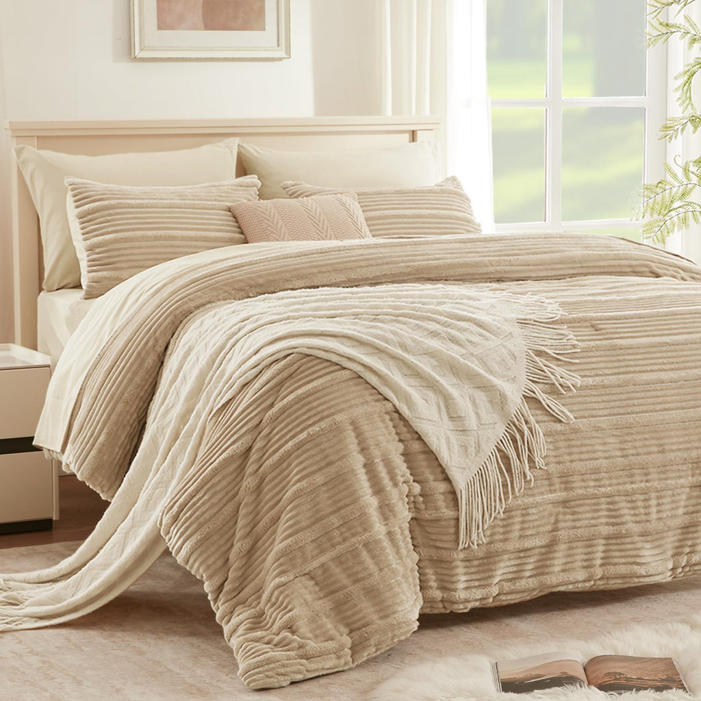7 Pieces Fluffy Queen Comforter Set, Beige Fleece Striped Bedding Set, Soft & Warm Bed Set