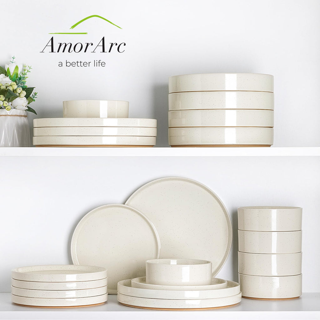 AmorArc Ceramic Dinnerware Set for 4 | Speckled Stoneware Plates and Bowls with unglazed terracotta |