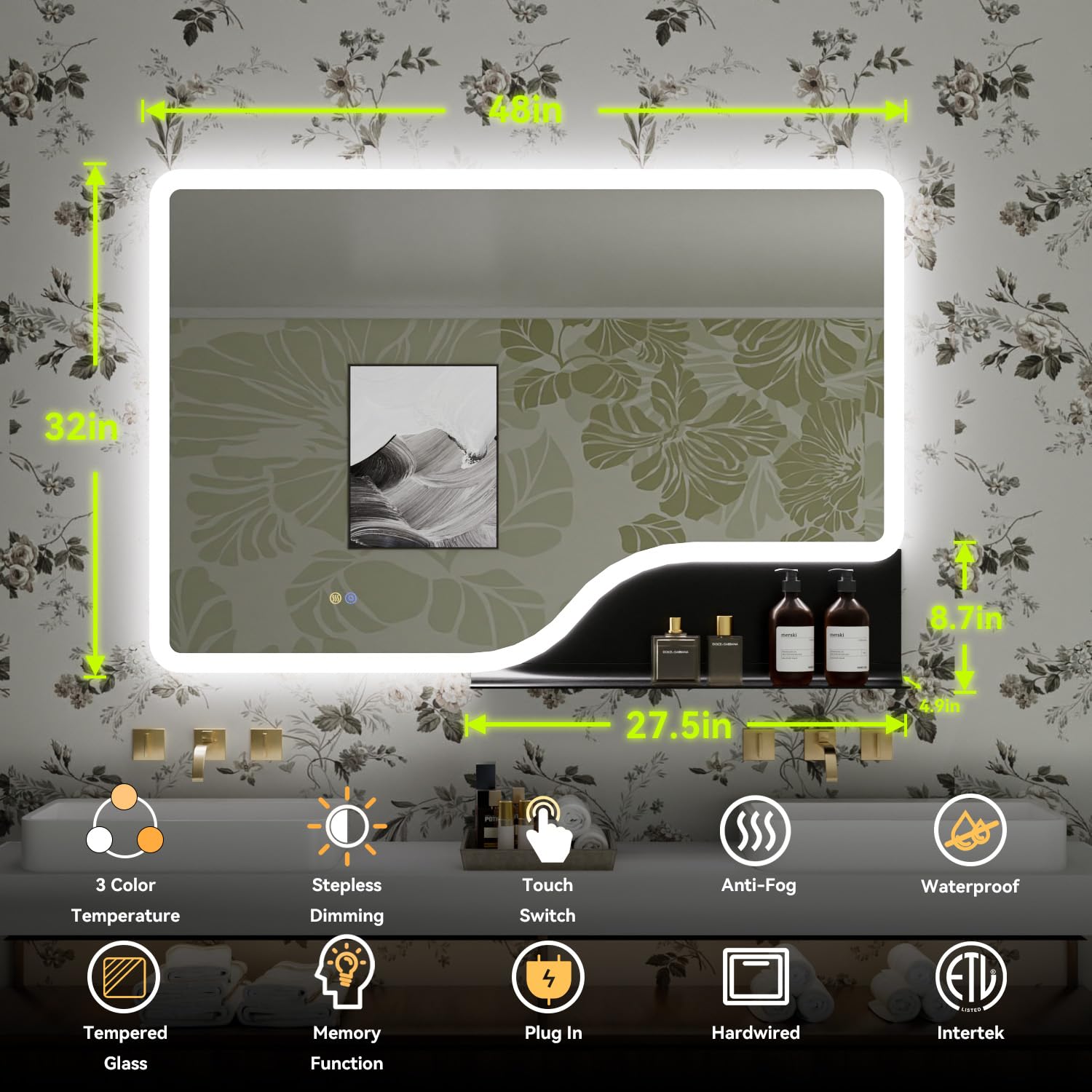 Smart LED Bathroom Mirror with Shelf