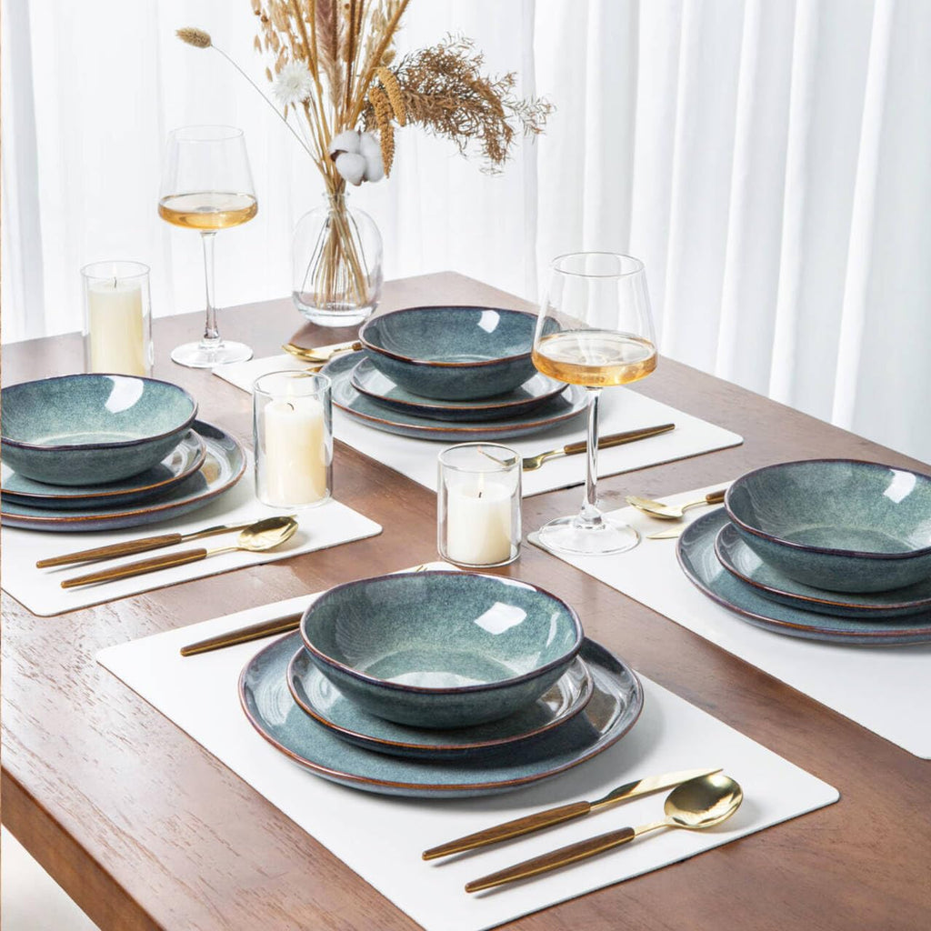 Handmade Reactive Glaze Stoneware Plates and Bowls Sets,Highly Chip and Crack Resistant (12pc)