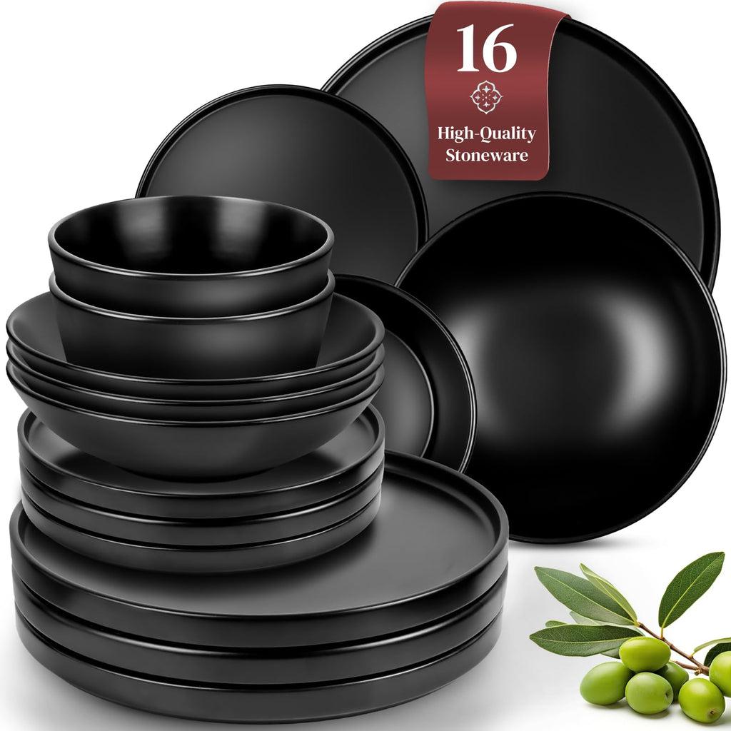Ultra Chic Matte Black Dinnerware Set - Black Stoneware Dinnerware for 4-16 pcs. Dishwasher & Microwave Safe - Plates and Bowls