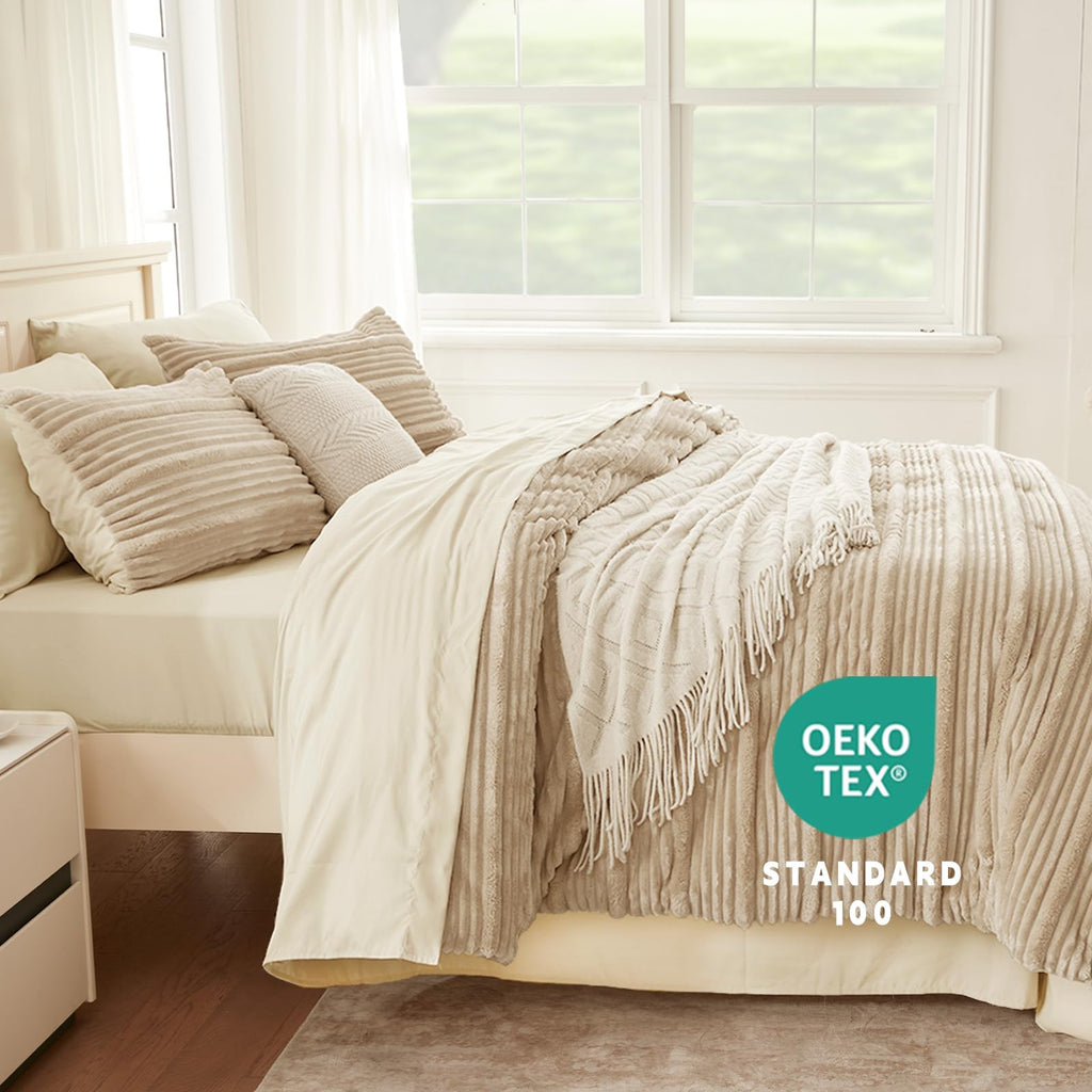 7 Pieces Fluffy Queen Comforter Set, Beige Fleece Striped Bedding Set, Soft & Warm Bed Set