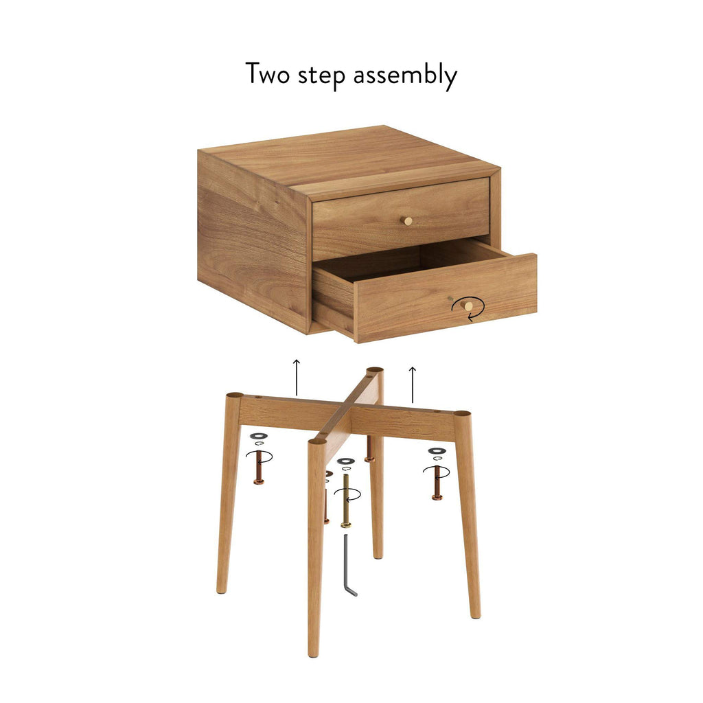 Mid-Century Real Oak Wood Nightstand with 2-Drawers