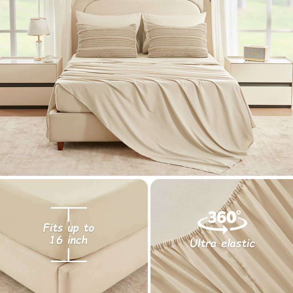 7 Pieces Fluffy Queen Comforter Set, Beige Fleece Striped Bedding Set, Soft & Warm Bed Set