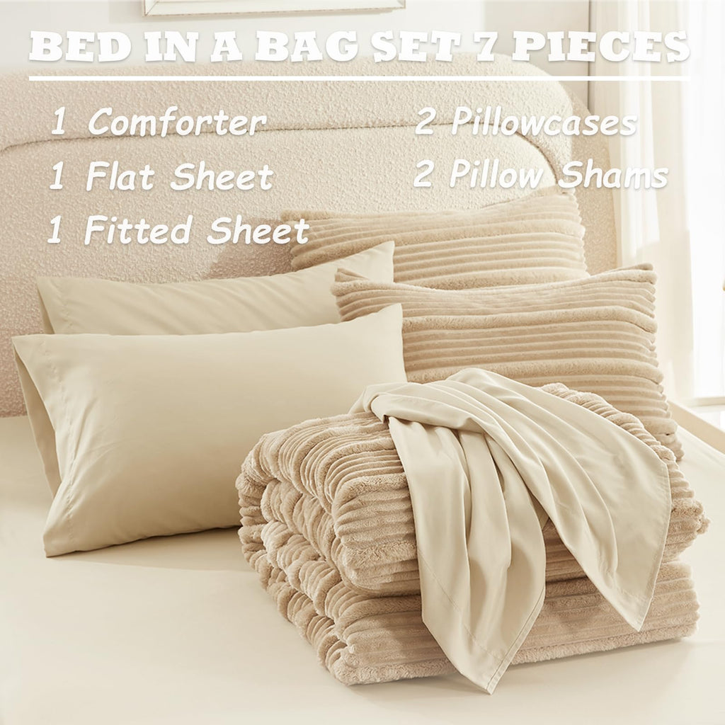 7 Pieces Fluffy Queen Comforter Set, Beige Fleece Striped Bedding Set, Soft & Warm Bed Set