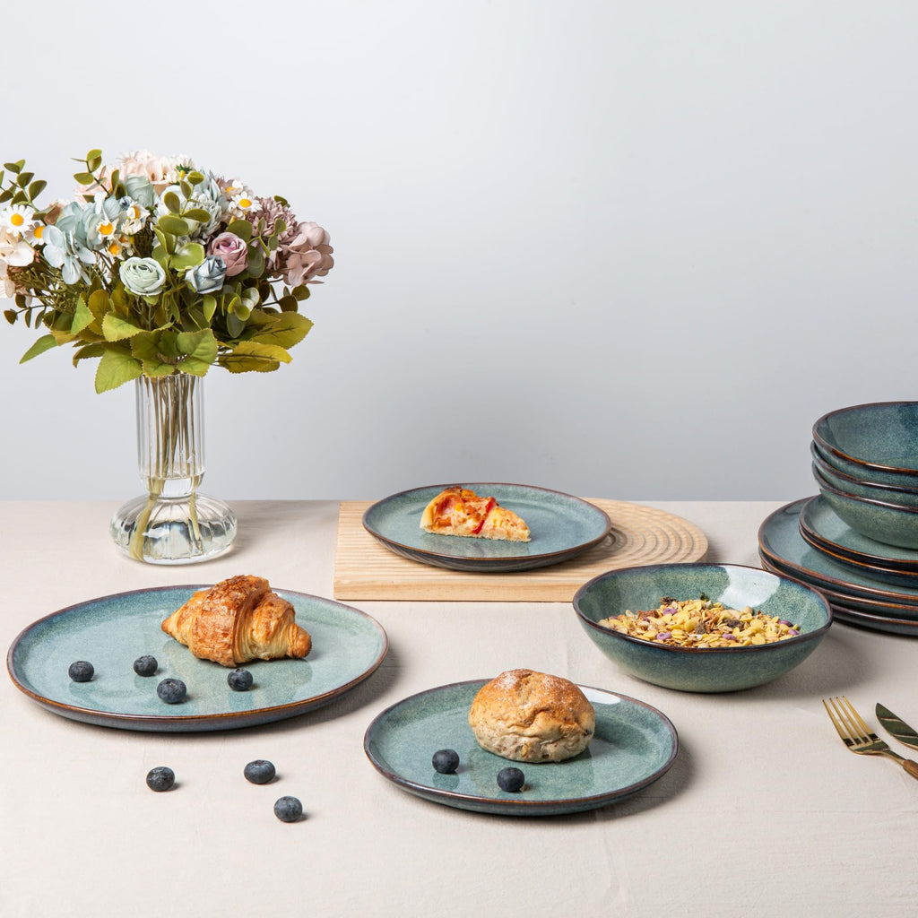 Handmade Reactive Glaze Stoneware Plates and Bowls Sets,Highly Chip and Crack Resistant (12pc)