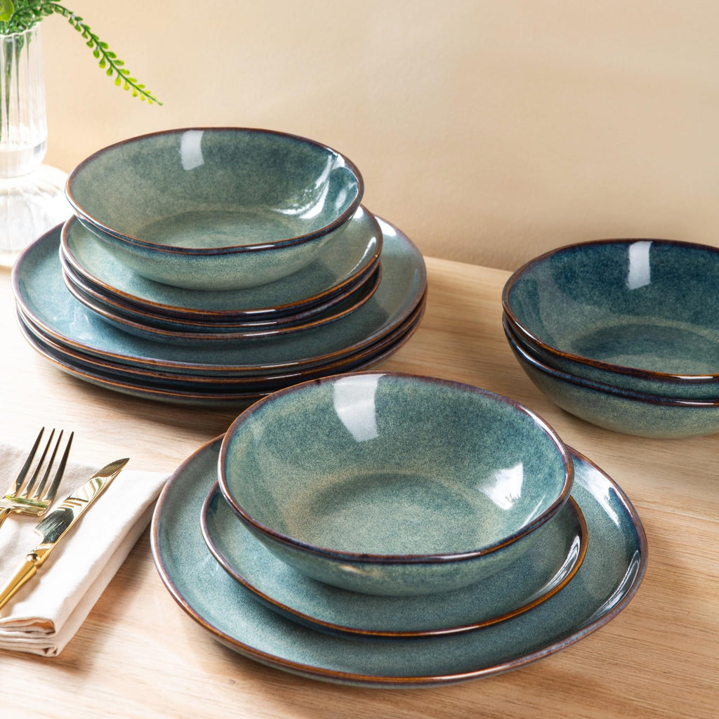 Handmade Reactive Glaze Stoneware Plates and Bowls Sets,Highly Chip and Crack Resistant (12pc)