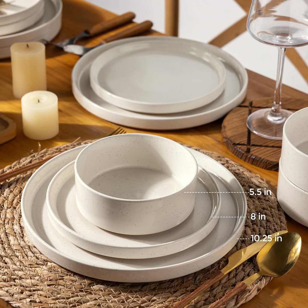 AmorArc Ceramic Dinnerware Set for 4 | Speckled Stoneware Plates and Bowls with unglazed terracotta |