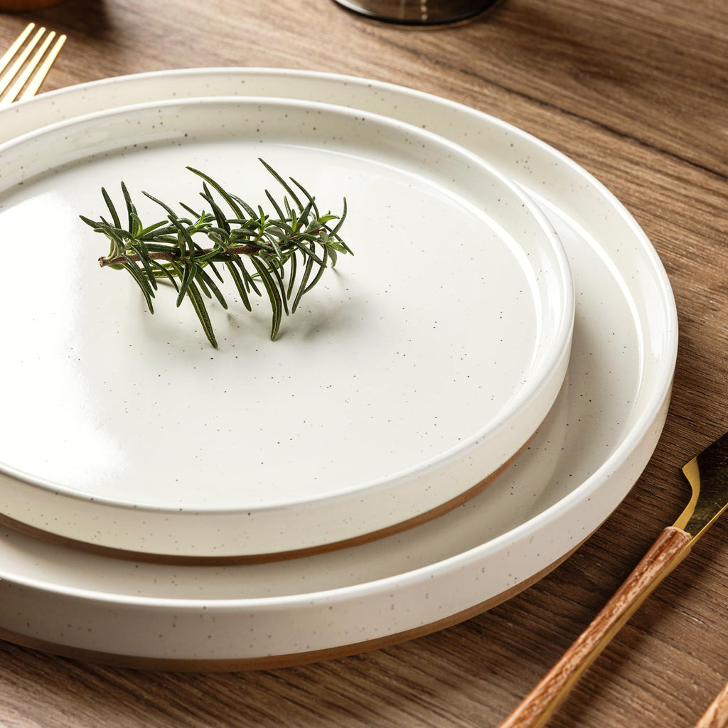 AmorArc Ceramic Dinnerware Set for 4 | Speckled Stoneware Plates and Bowls with unglazed terracotta |