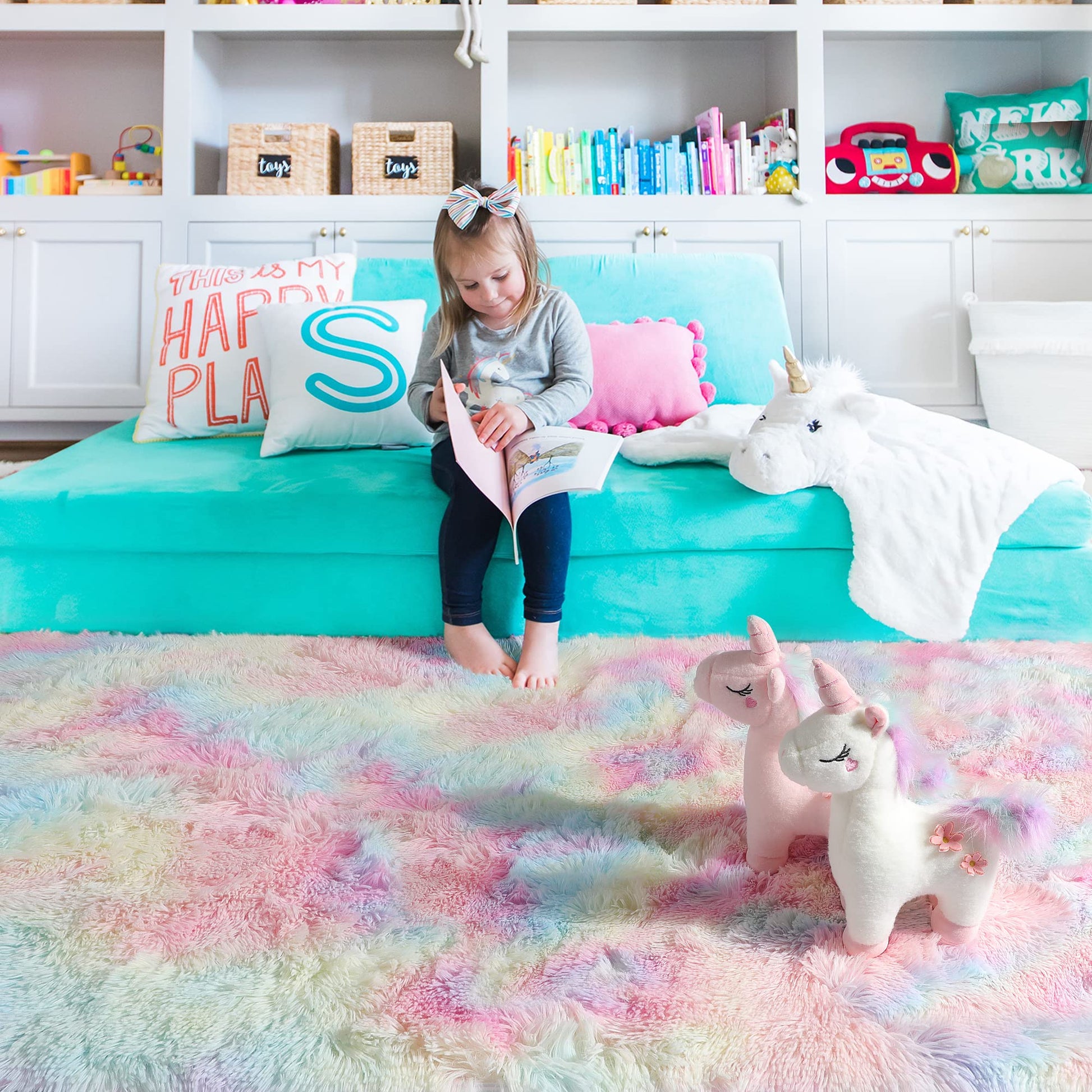 PAGISOFE 4x6 Rainbow Fluffy Soft Plush Area Rugs for Girls Bedroom