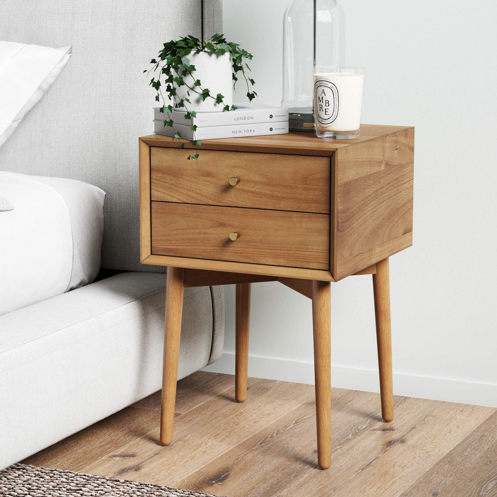 Mid-Century Real Oak Wood Nightstand with 2-Drawers
