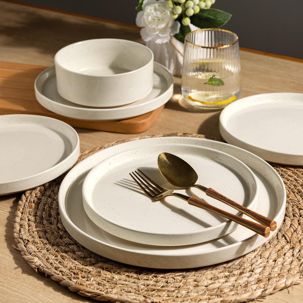 AmorArc Ceramic Dinnerware Set for 4 | Speckled Stoneware Plates and Bowls with unglazed terracotta |