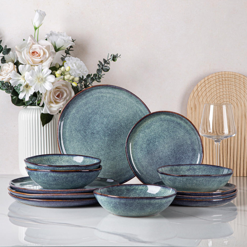 Handmade Reactive Glaze Stoneware Plates and Bowls Sets,Highly Chip and Crack Resistant (12pc)