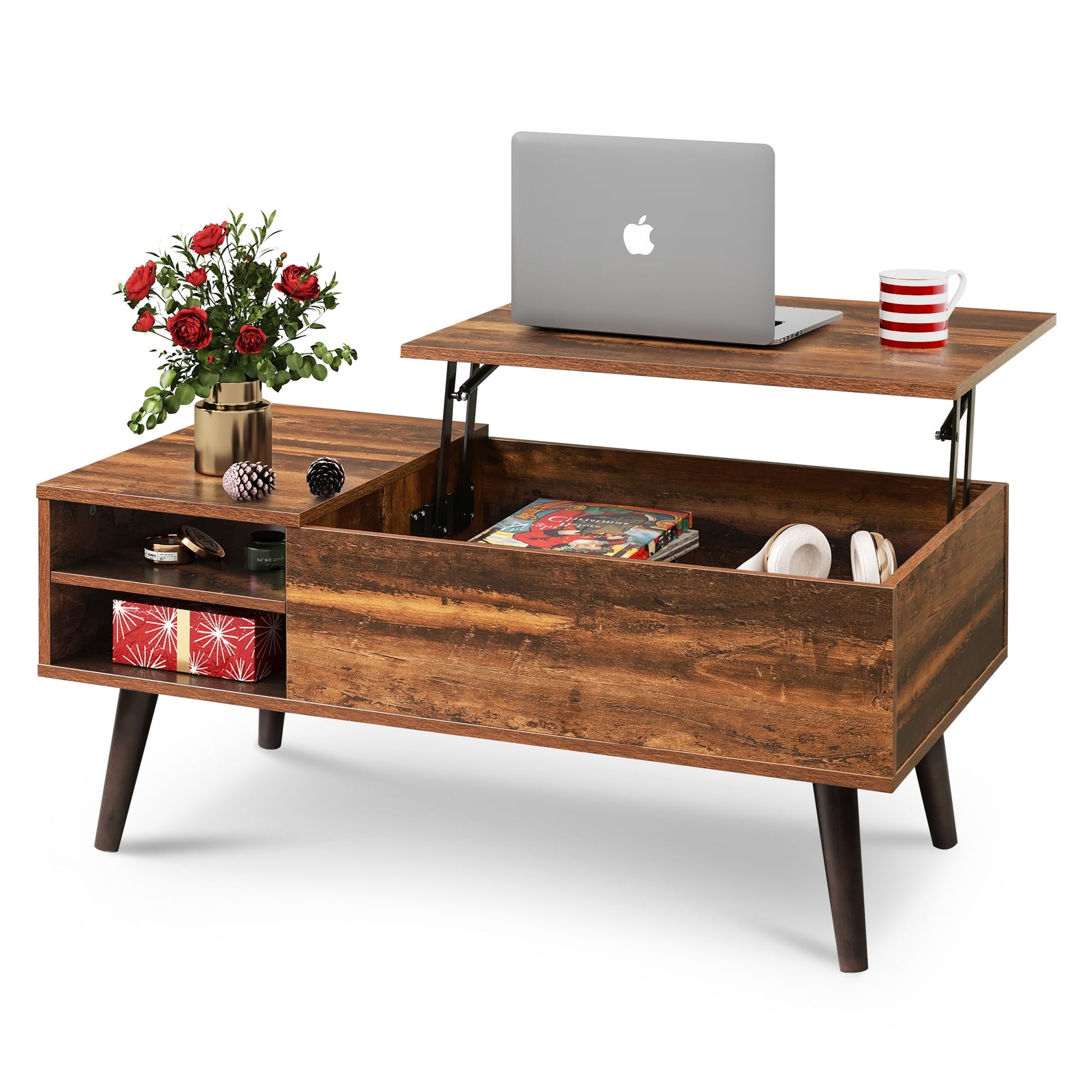 WLIVE Wood Lift Top Coffee Table with Hidden Compartment and Adjustable Storage Shelf