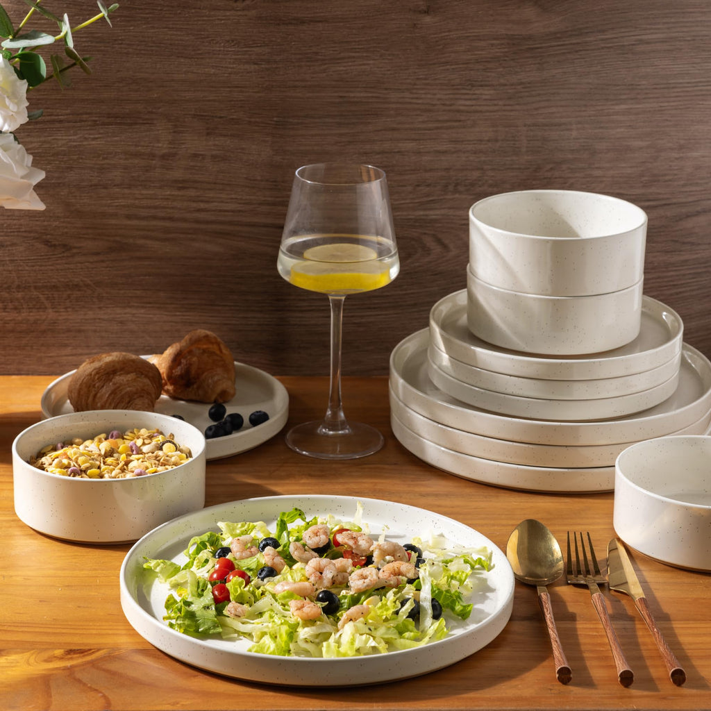 AmorArc Ceramic Dinnerware Set for 4 | Speckled Stoneware Plates and Bowls with unglazed terracotta |