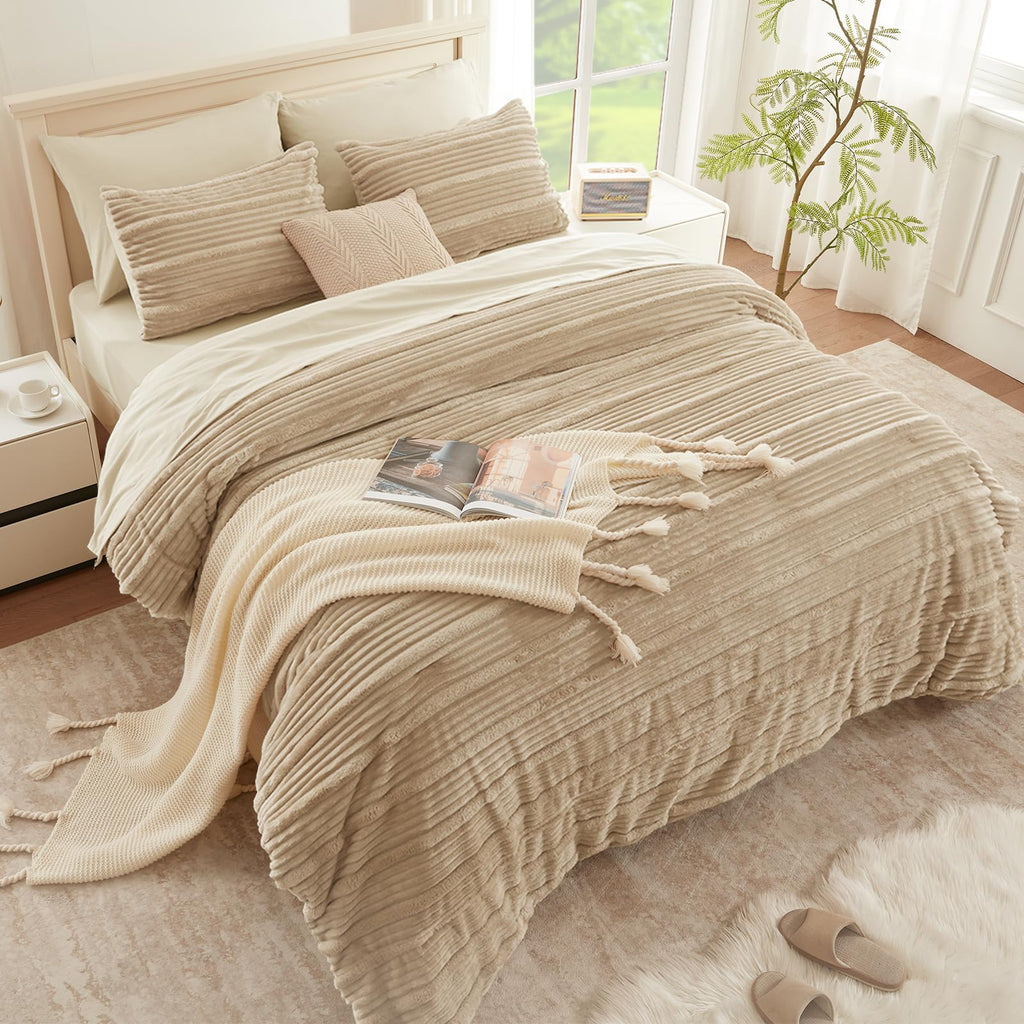 7 Pieces Fluffy Queen Comforter Set, Beige Fleece Striped Bedding Set, Soft & Warm Bed Set