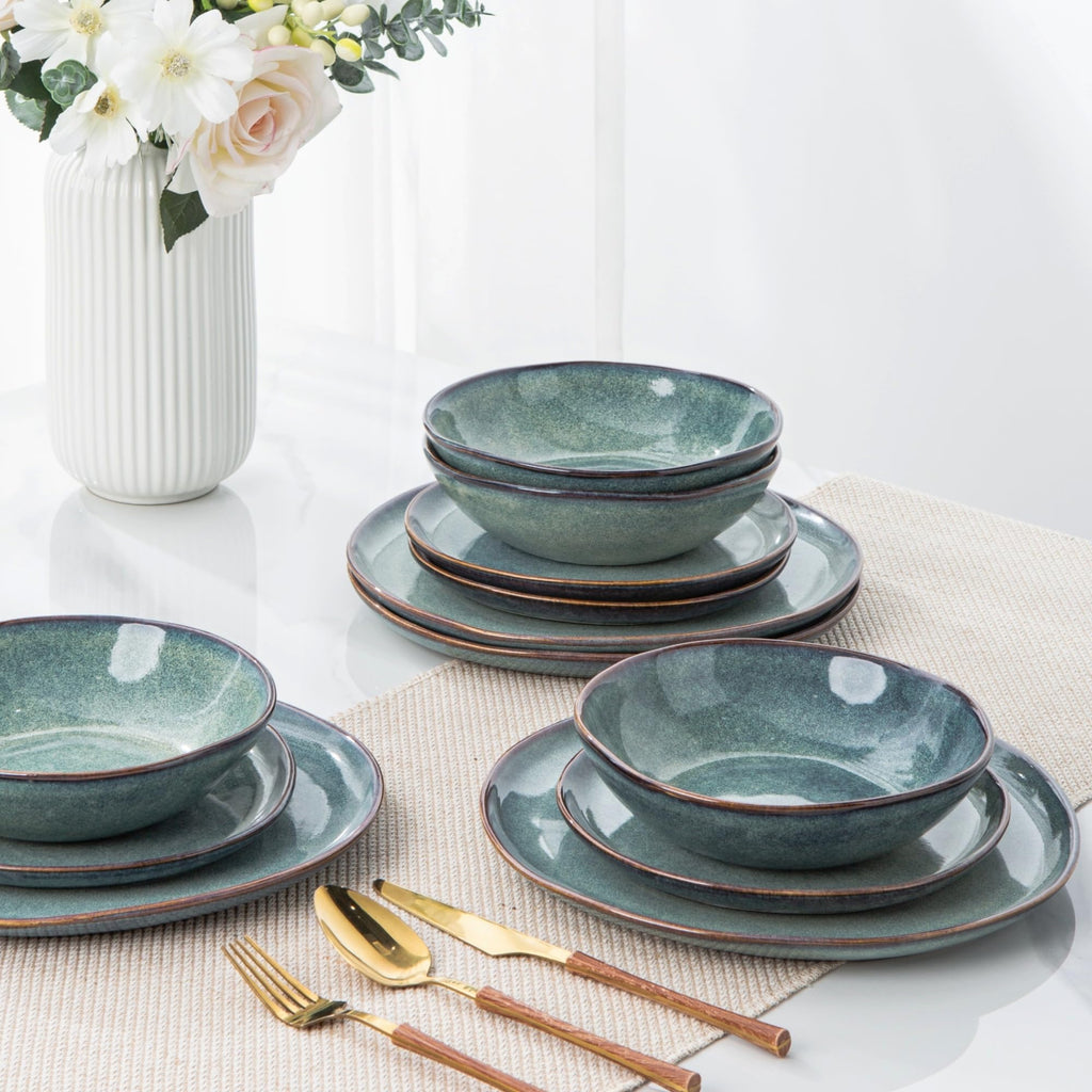 Handmade Reactive Glaze Stoneware Plates and Bowls Sets,Highly Chip and Crack Resistant (12pc)