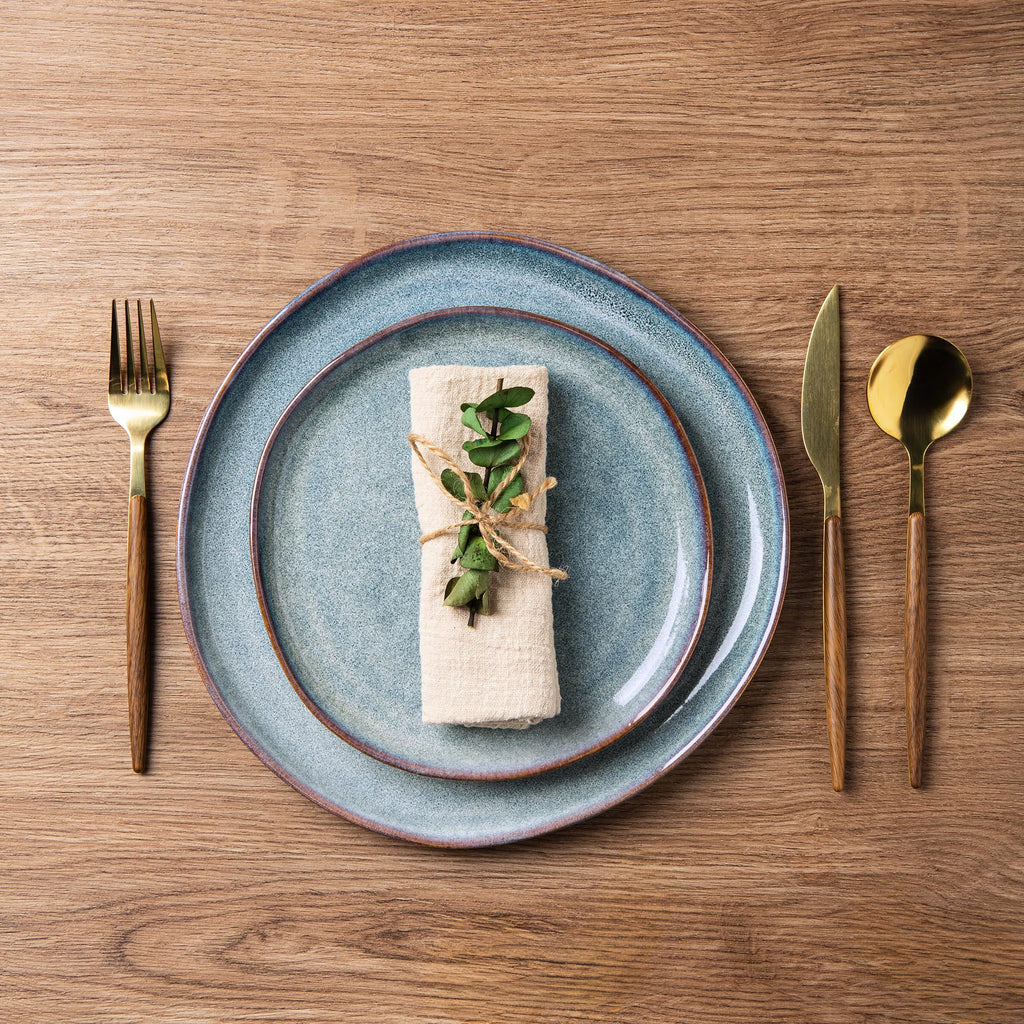 Handmade Reactive Glaze Stoneware Plates and Bowls Sets,Highly Chip and Crack Resistant (12pc)