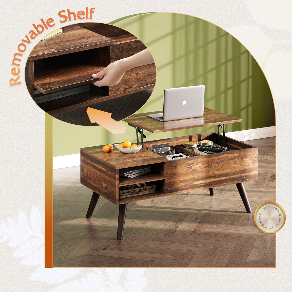 WLIVE Wood Lift Top Coffee Table with Hidden Compartment and Adjustable Storage Shelf