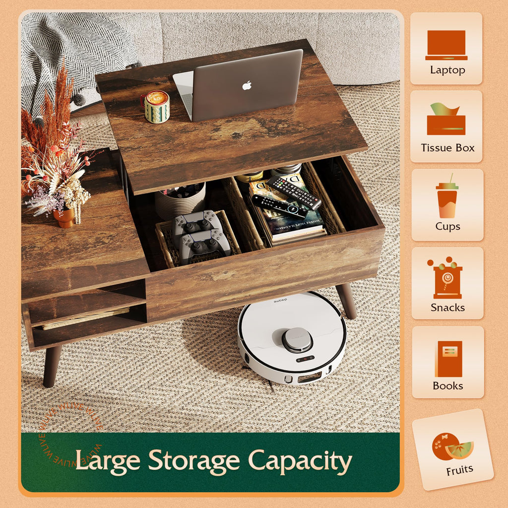 WLIVE Wood Lift Top Coffee Table with Hidden Compartment and Adjustable Storage Shelf